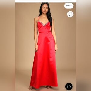 In My Fantasy Red Satin Rhinestone Maxi Dress
